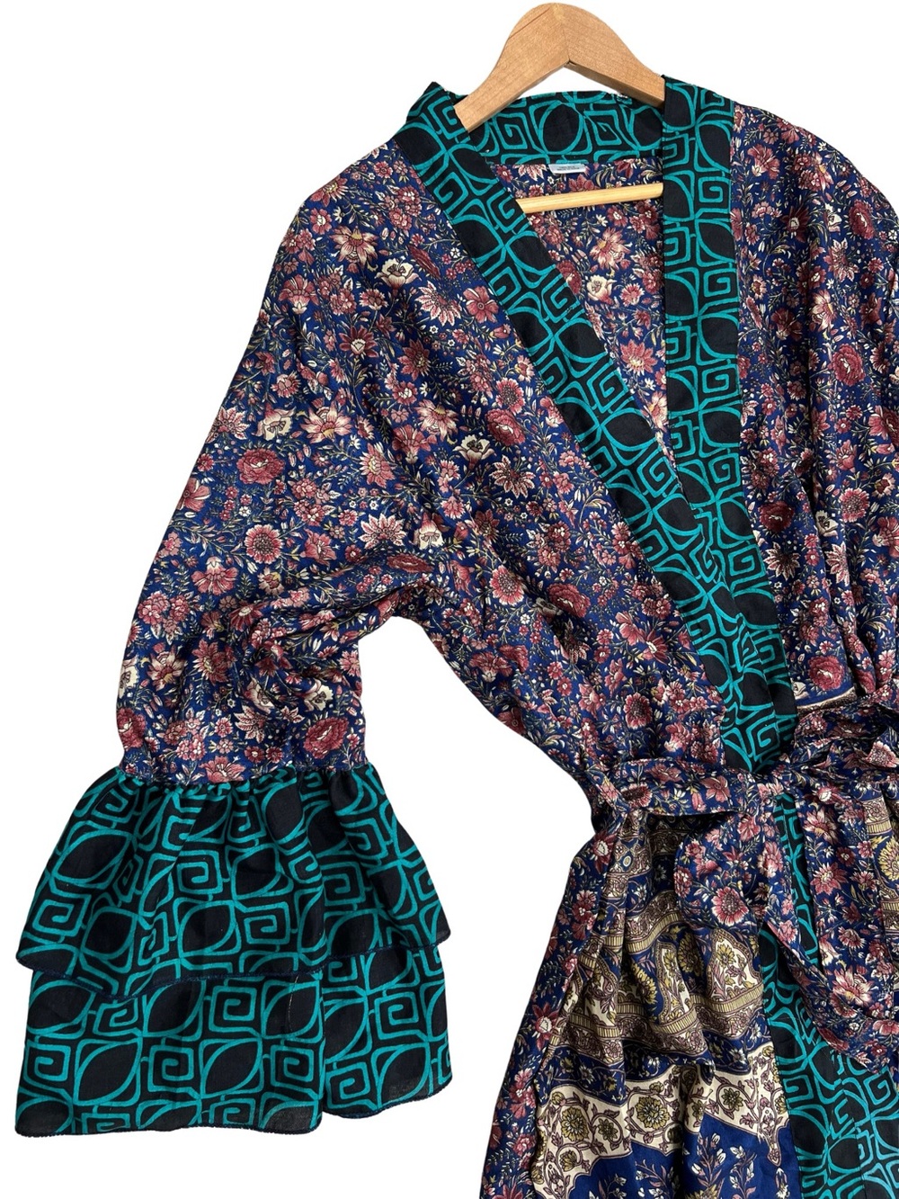 100% Silk Boho Kimono Robe Womens Tie Waist Mixed Print Duster - Picture 4 of 16